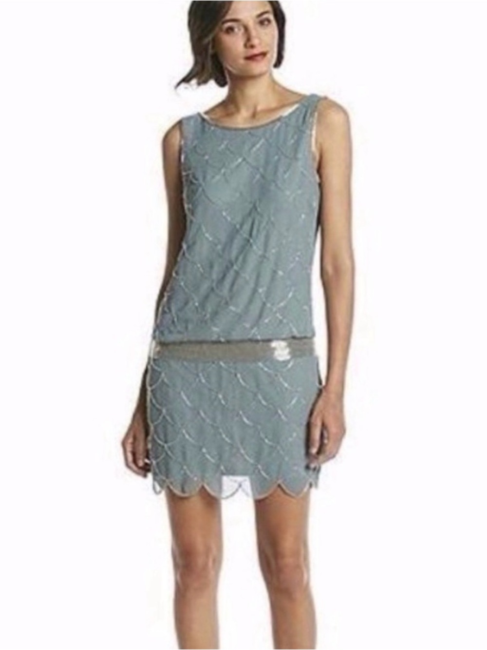Adrianna Papell Beaded Flapper Dress Sage Green Drop Waist Fish Scale Sz 4/6